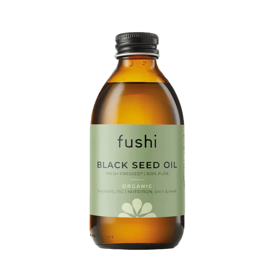 A bottle of Fushi Organic Fresh-Pressed Black Seed Oil Virgin with a label showing the brand name and product name.