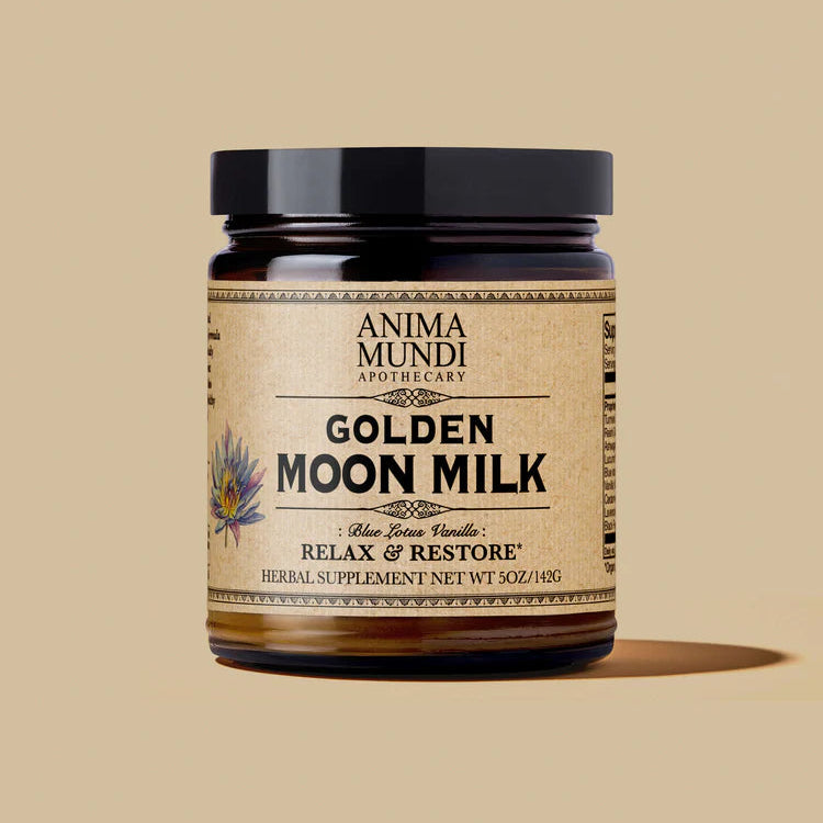 Golden Moon Milk (5oz) | Anima Mundi | Raw Living UK | Herbs & Tonic Herbs | Anima Mundi's Golden Moon Milk contains relaxing plants, such as Ashwagandha, along with restorative 'spirit' plants such as Reishi, and Blue Flower.