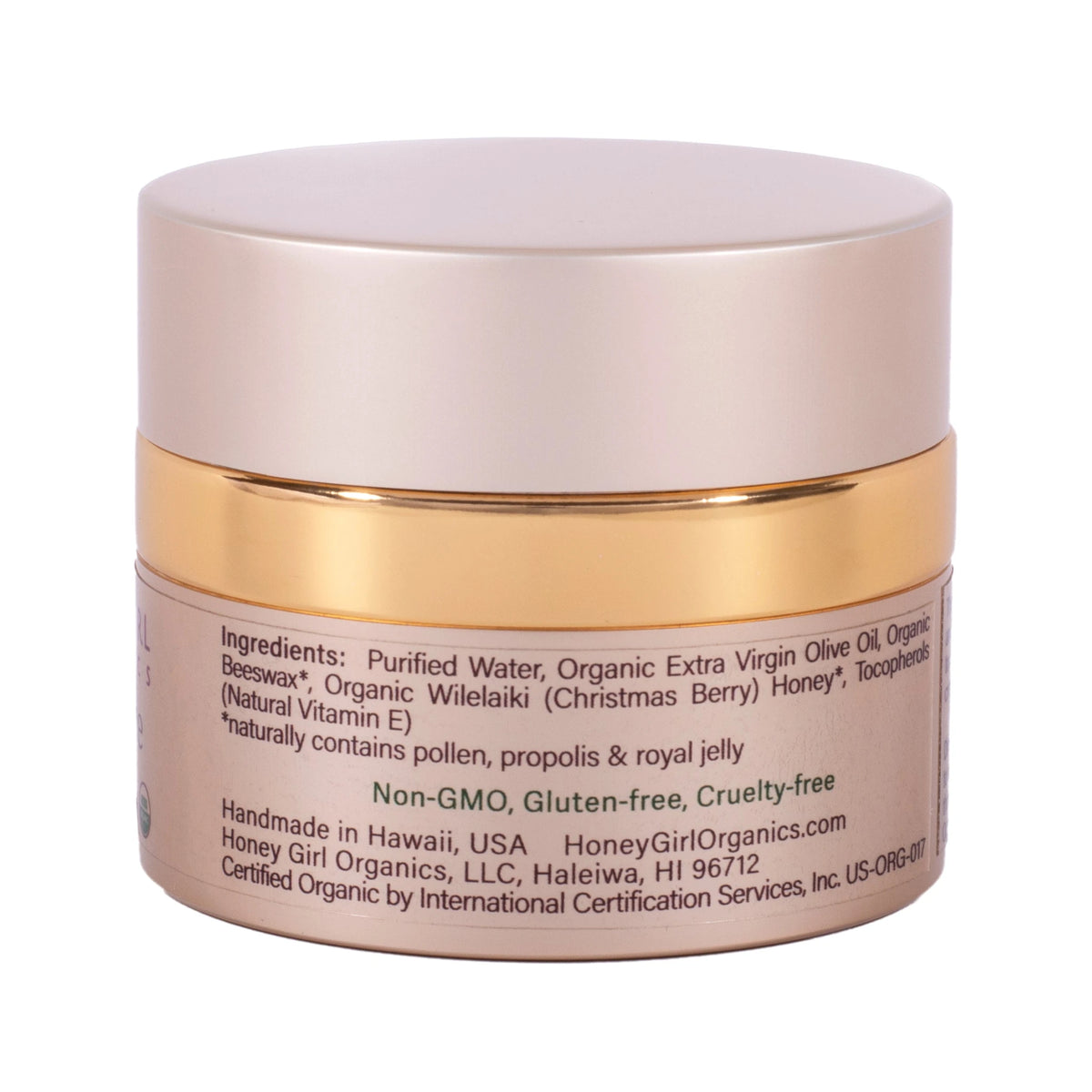 Honey Girl Organics Night Crème Extra Sensitive 1.75 fl oz, back of jar showing ingredients