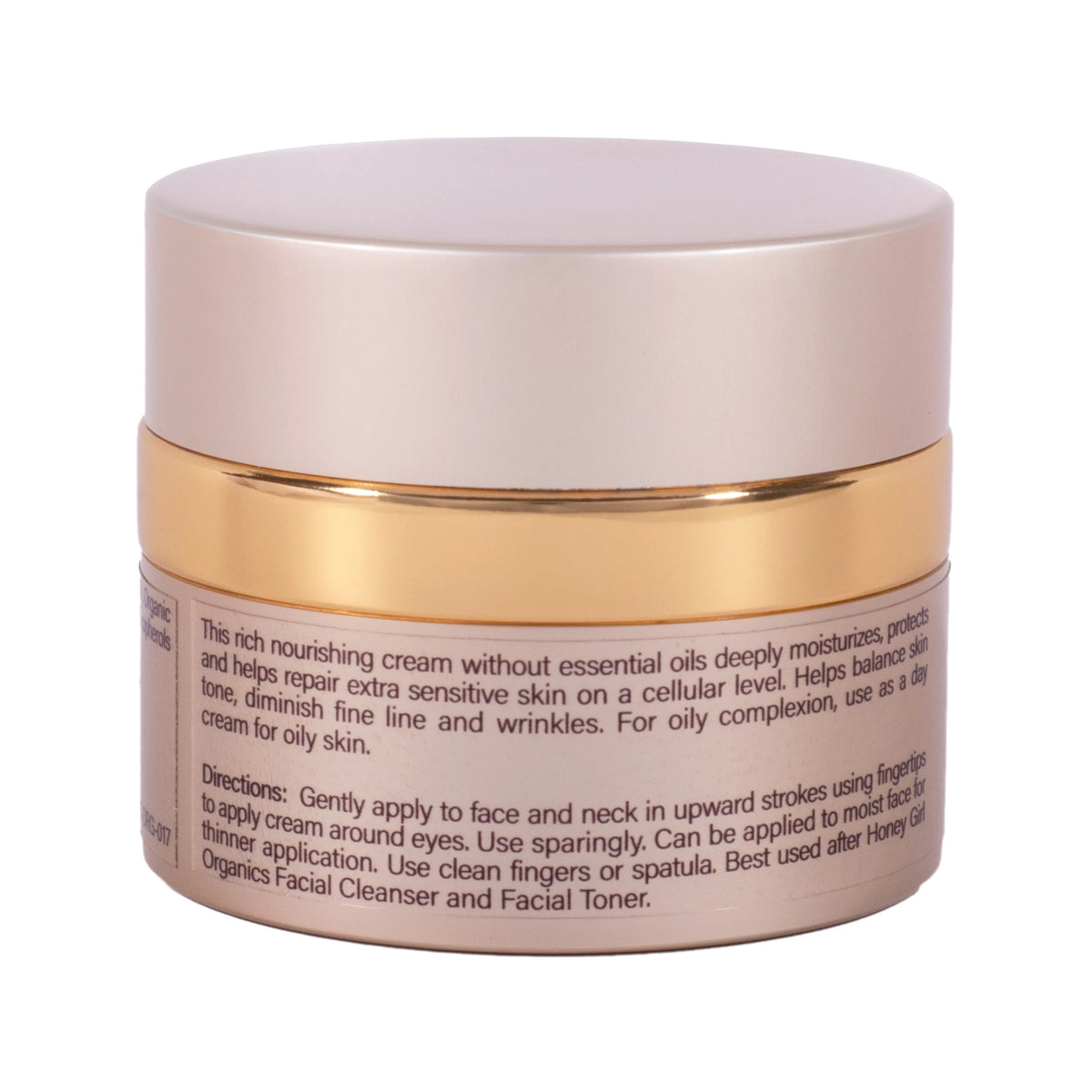 Honey Girl Organics Night Crème Extra Sensitive 1.75 fl oz, side of jar showing description and directions