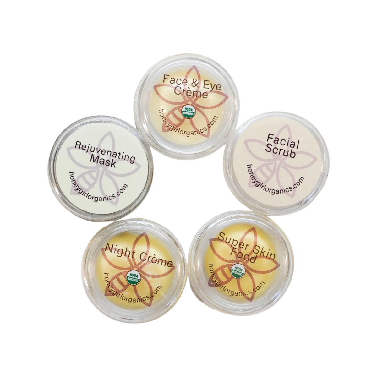 Honey Girl Organics Best Sellers Sample Set, five sample jars seen from above