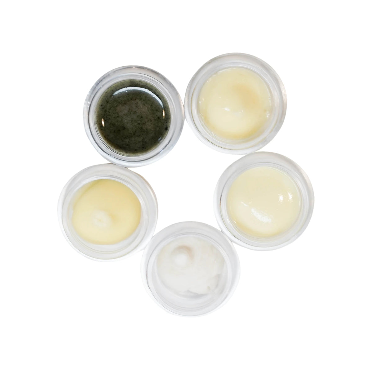Honey Girl Organics Best Sellers Sample Set, five sample jars open, showing the creams