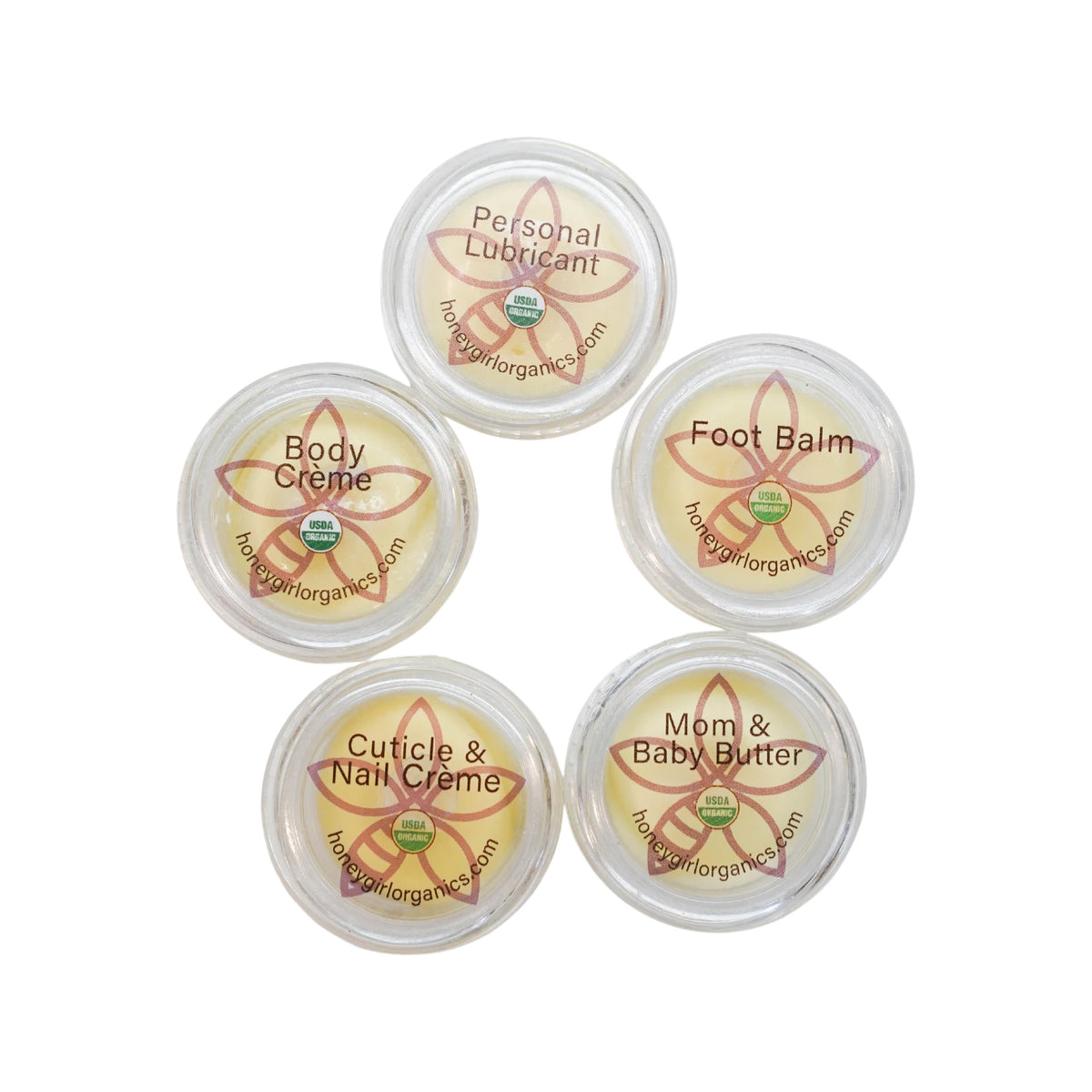 Honey Girl Organics Body Care Sample Set, five sample jars seen from above