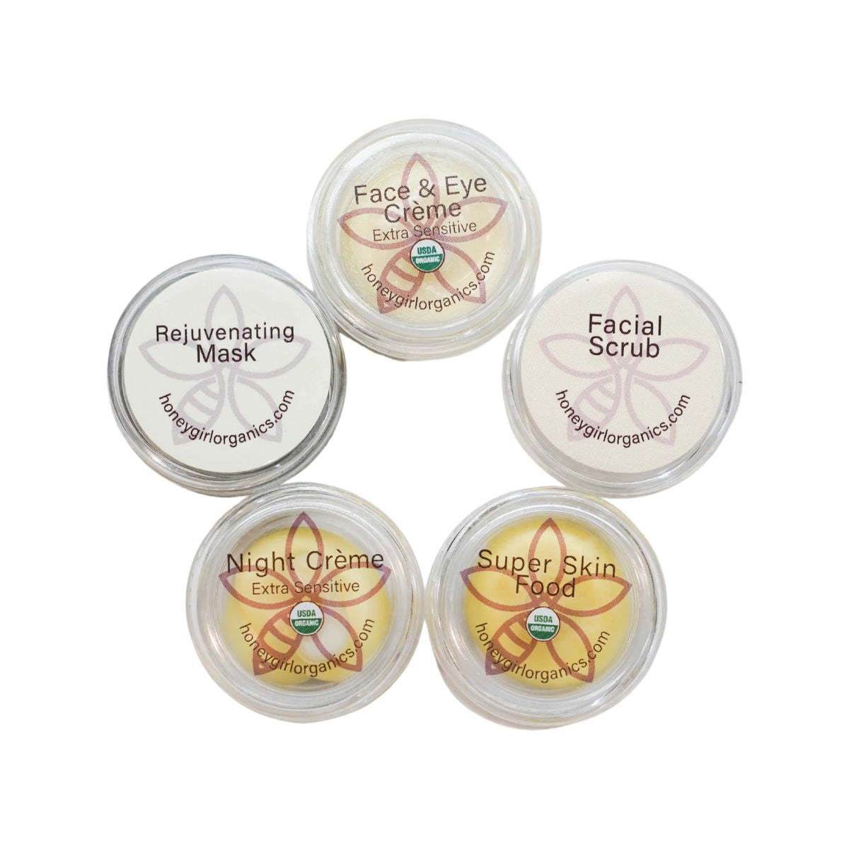 Honey Girl Organics Extra Sensitive Sample Set, five sample jars seen from above