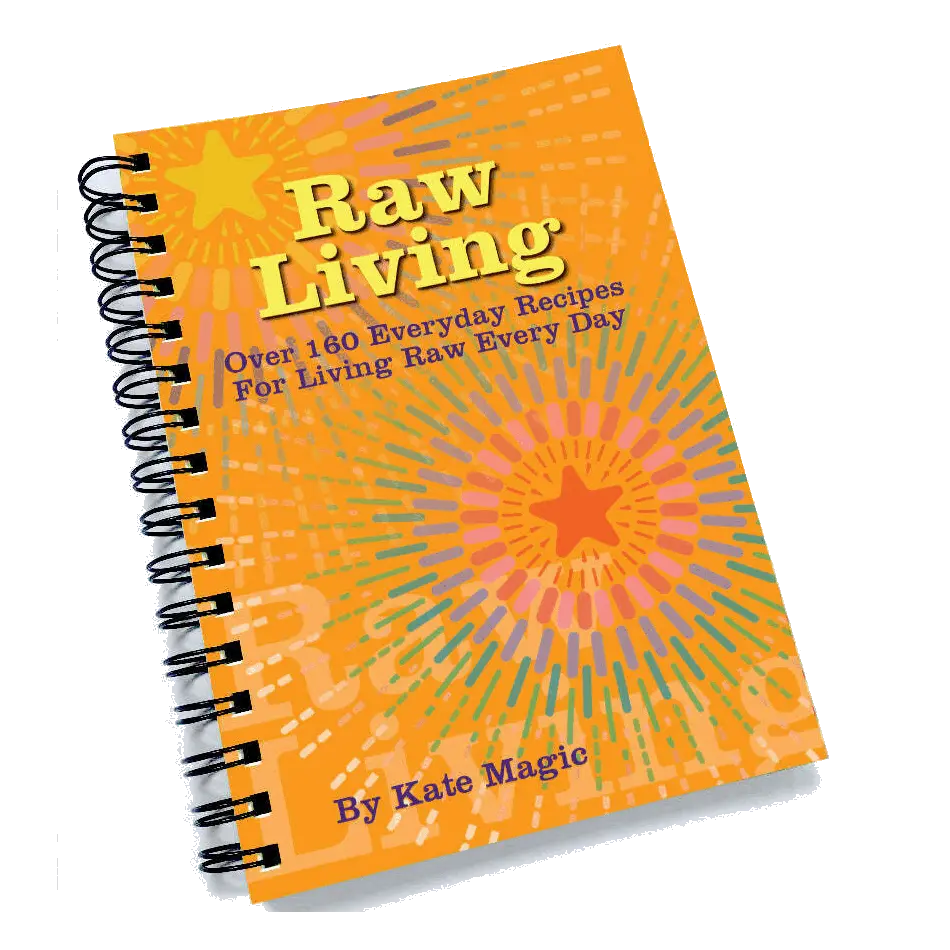 Spiral-bound book titled 'Raw Living' with colorful cover on a white background