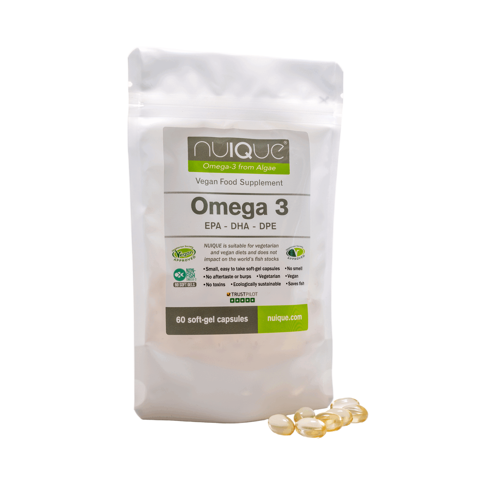 A pack of nuIQue Omega 3 vegan supplements with 150mg EPA and 300mg DHA, containing 60 soft gel capsules.