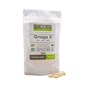 A pack of nuIQue Omega 3 vegan supplements with 150mg EPA and 300mg DHA, containing 60 soft gel capsules.