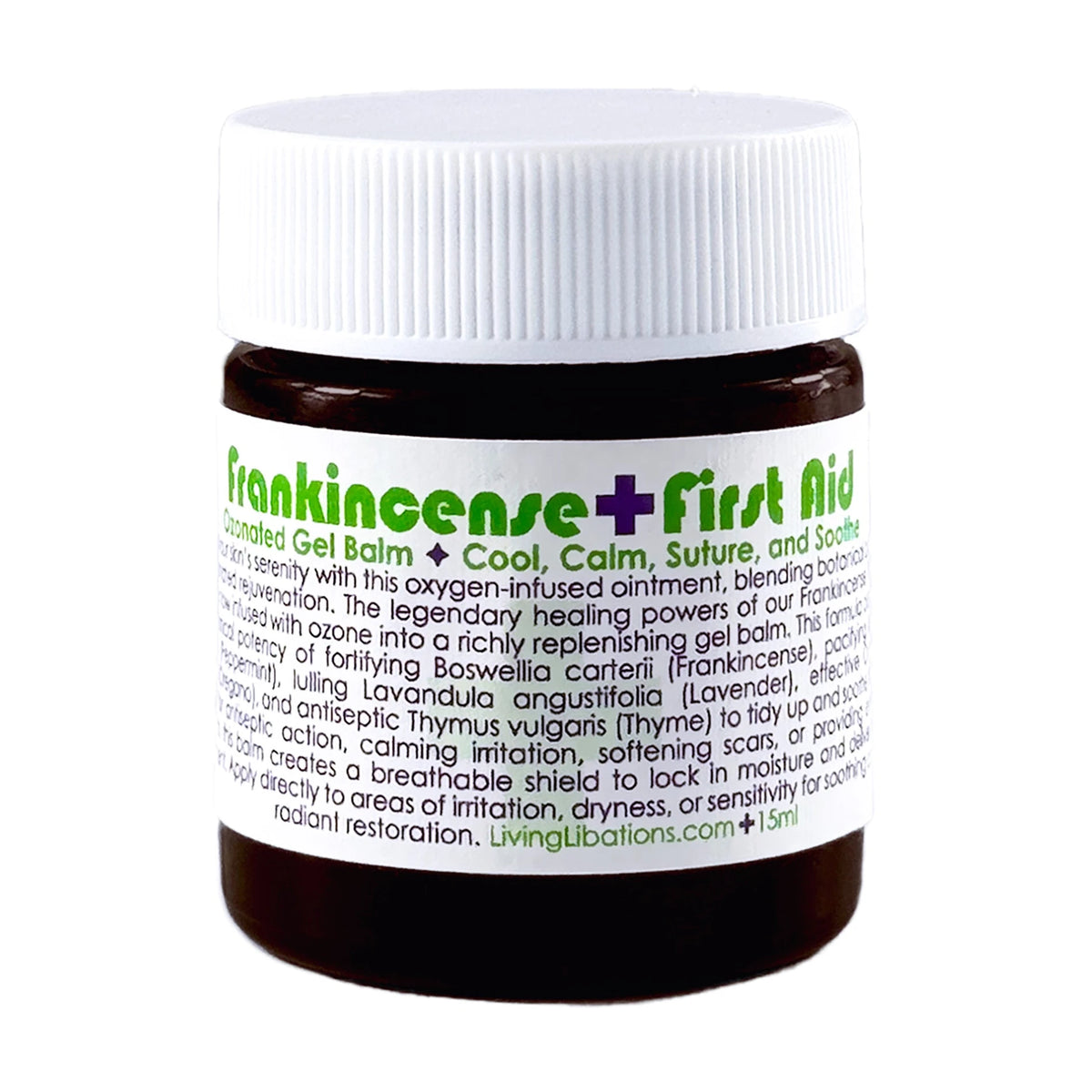 Living Libations Frankincense First Aid Ozonated Gel Balm 15ml, front of jar