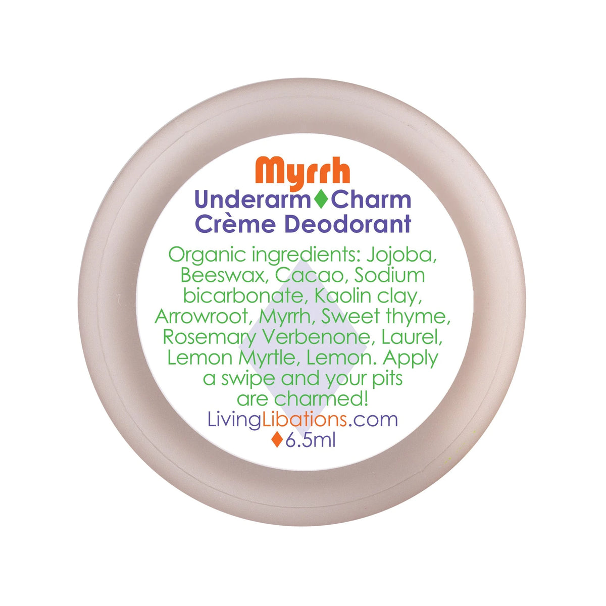 Living Libations Myrrh Underarm Charm Crème Deodorant 6ml, tin lid from above