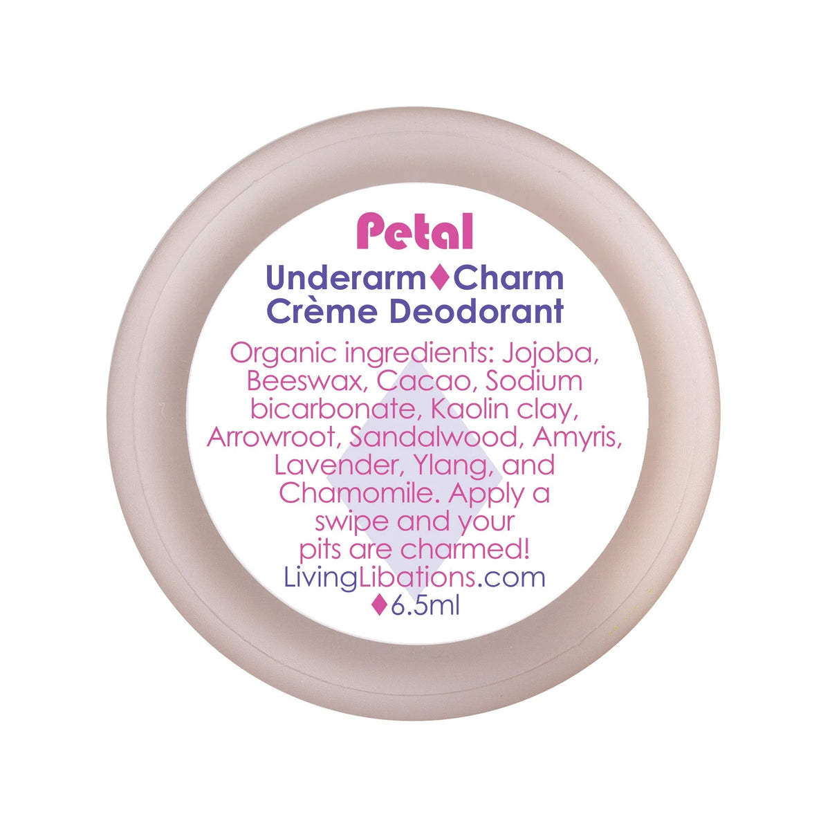 Living Libations Petal Underarm Charm Crème Deodorant 6ml, tin lid from above