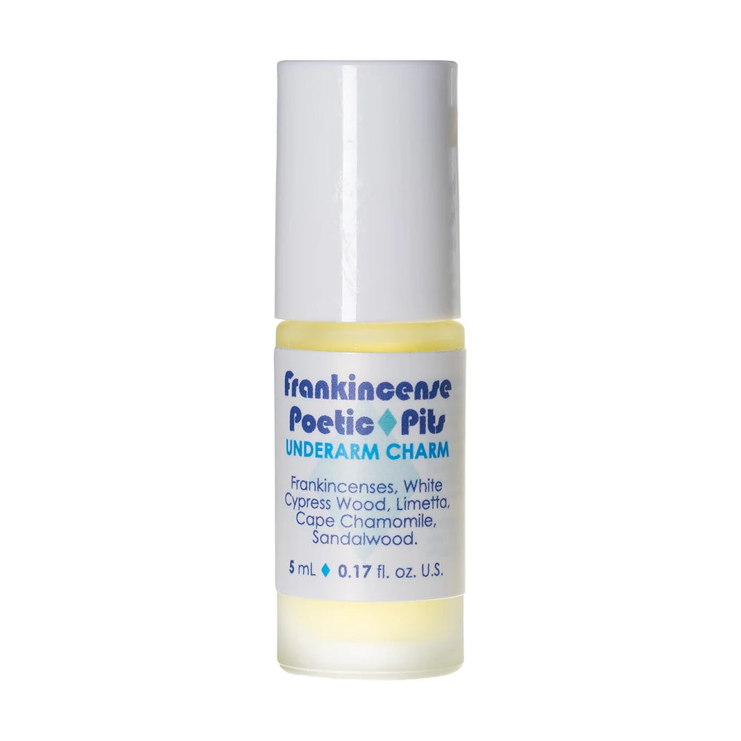 Living Libations Poetic Pits - Frankincense 5ml, front of roll-on bottle