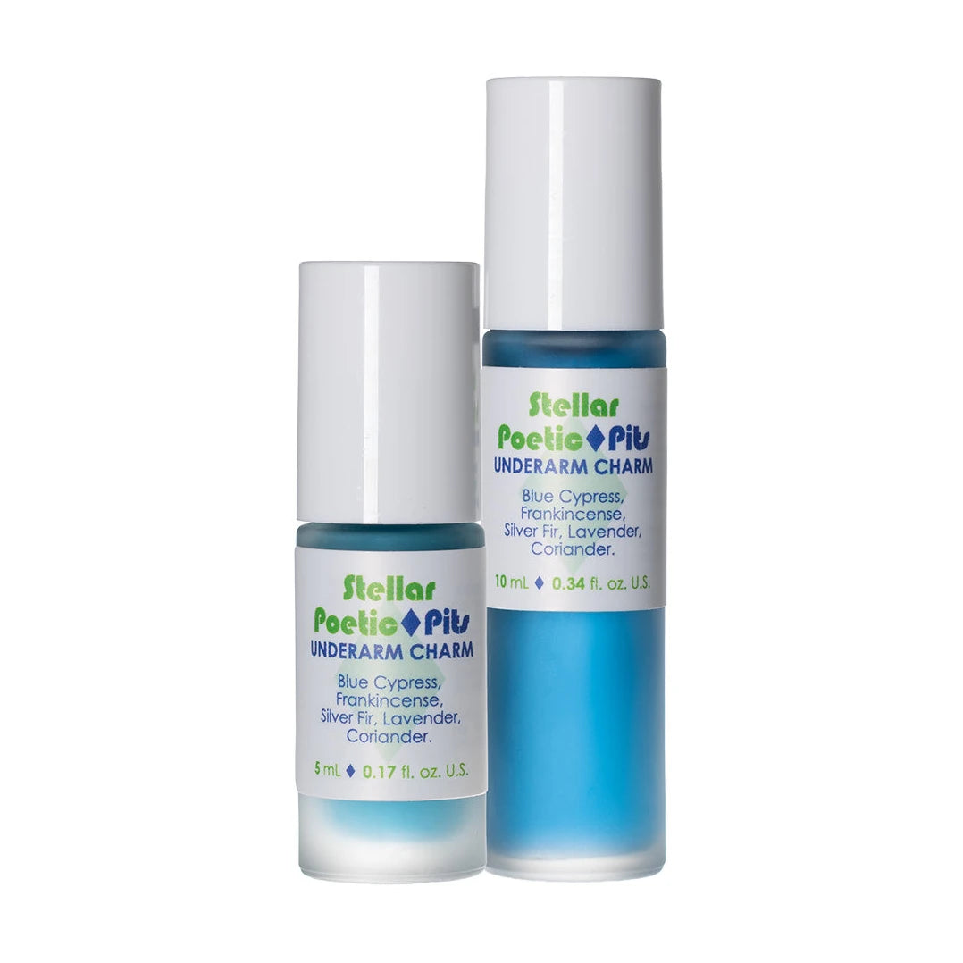 Living Libations Poetic Pits - Stellar 5ml and 10ml, front of roll-on bottles