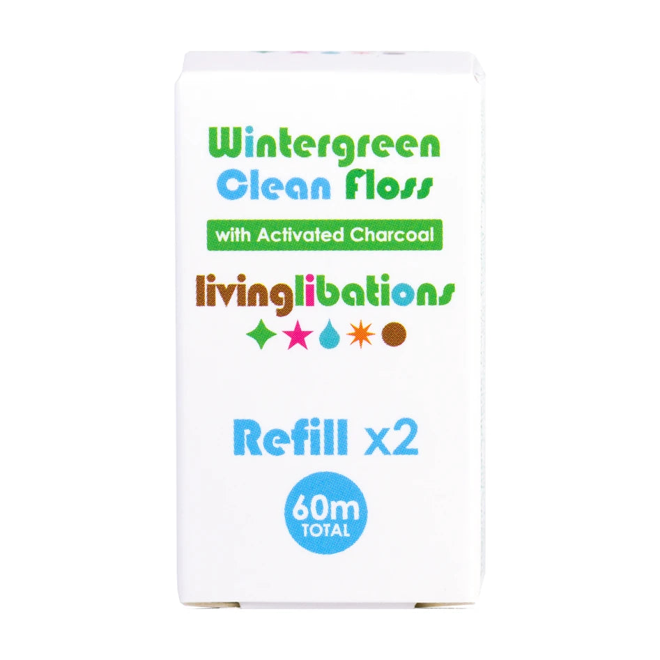 Living Libations Wintergreen Clean Charcoal Floss 2 Refill Rolls, front of refill box