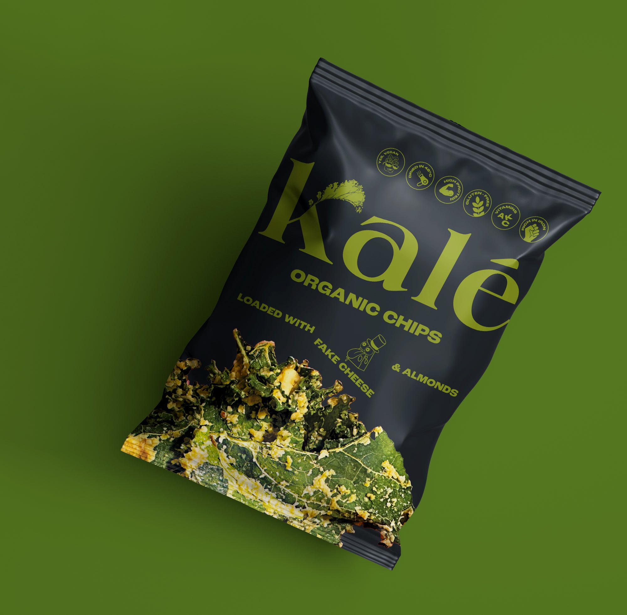 A package of Kalé Organic Kale Chips with a visible image of kale on the front, indicating it is a vegan and gluten-free snack.