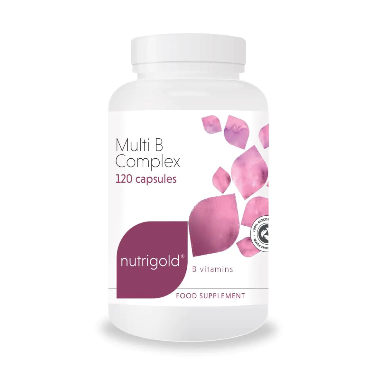 Nutrigold Multi B Complex supplement bottle with pink capsules on a white background