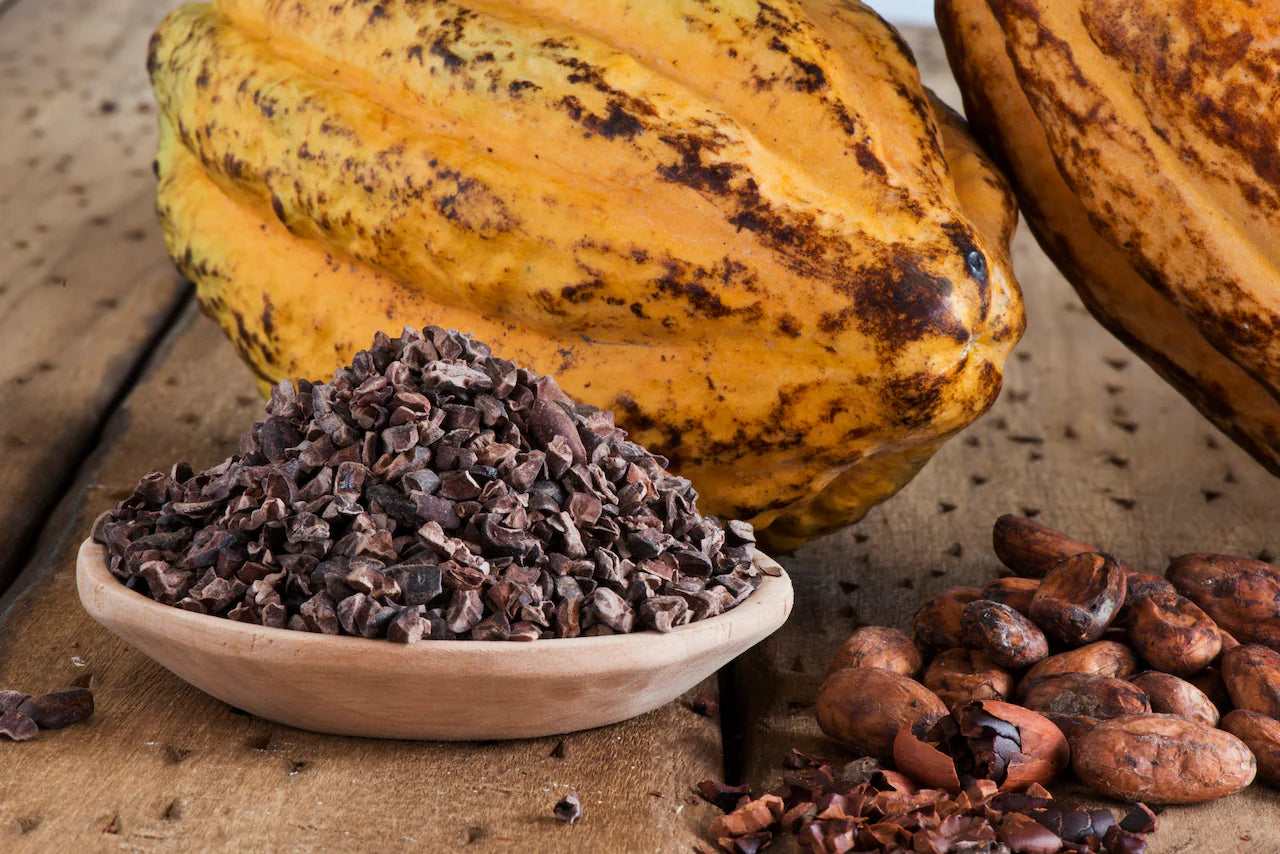 Cocoa beans and cacao nibs on a wooden surface with a cacao pod in the background.