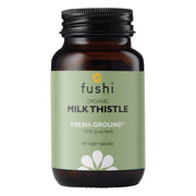 A bottle of Fushi Organic Milk Thistle supplement with 60 vegan capsules, featuring a green label with the product name and description.