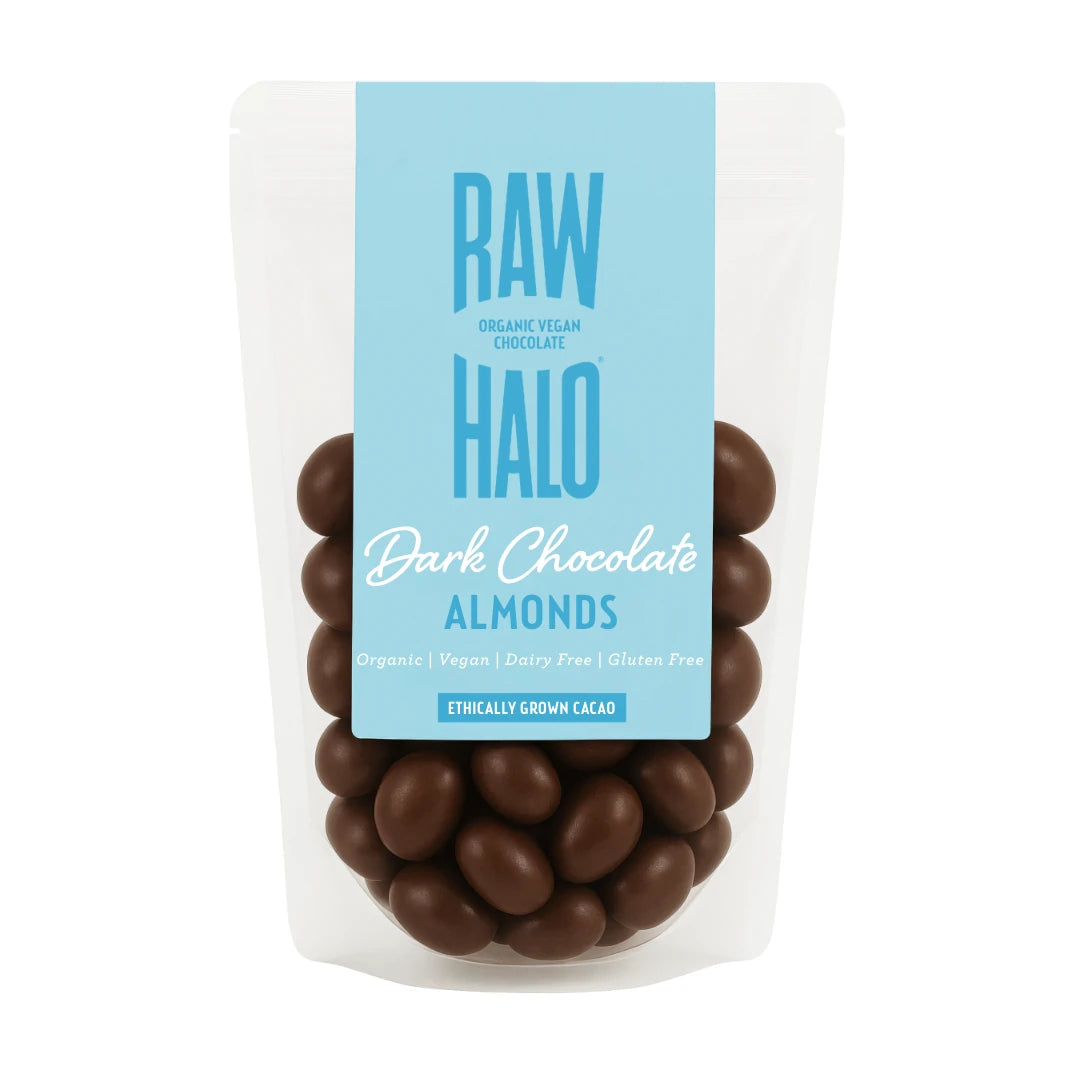 Raw Halo Dark Chocolate Almonds 85g, front of pouch