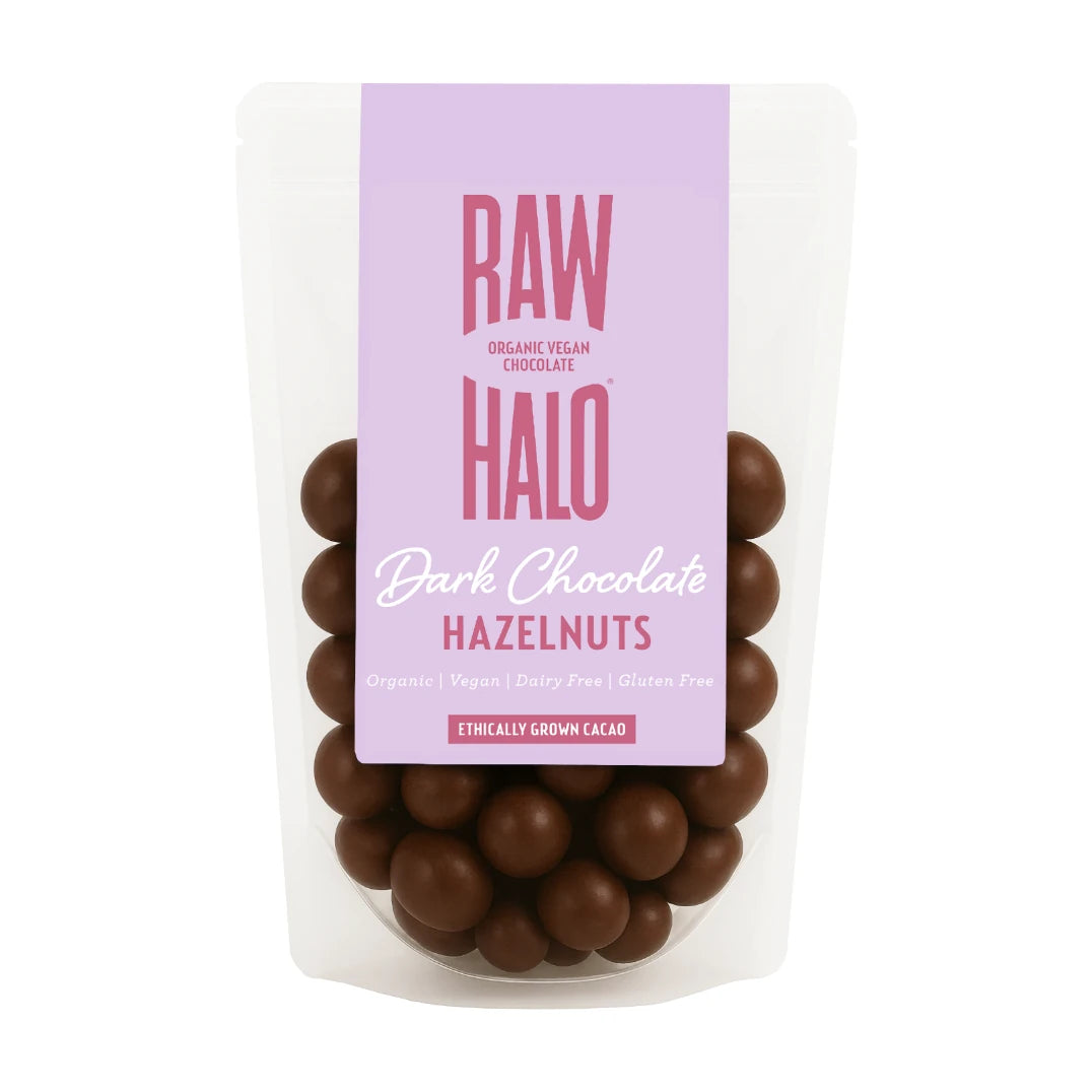 Raw Halo Dark Chocolate Hazelnuts 85g, front of pouch