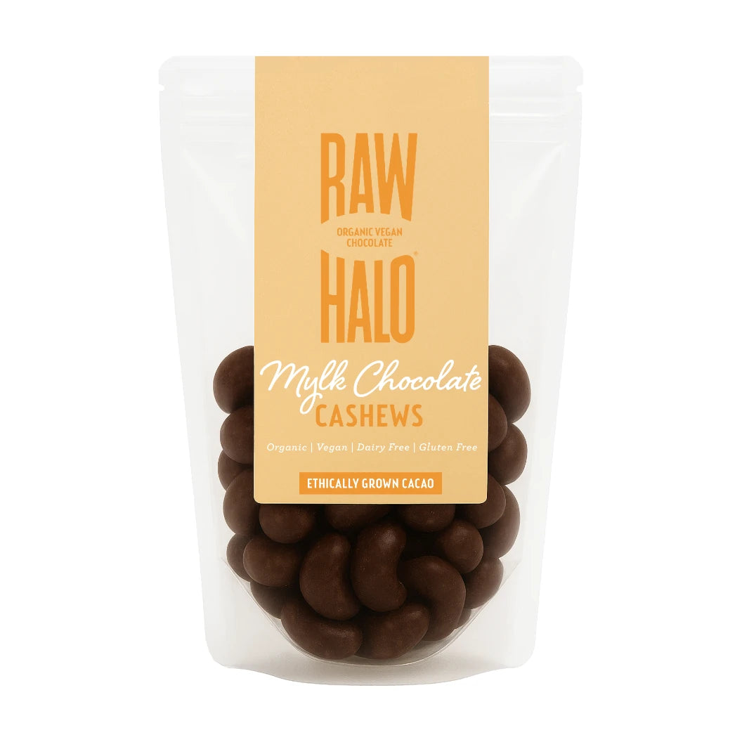 Raw Halo Mylk Chocolate Cashews 85g, front of pouch