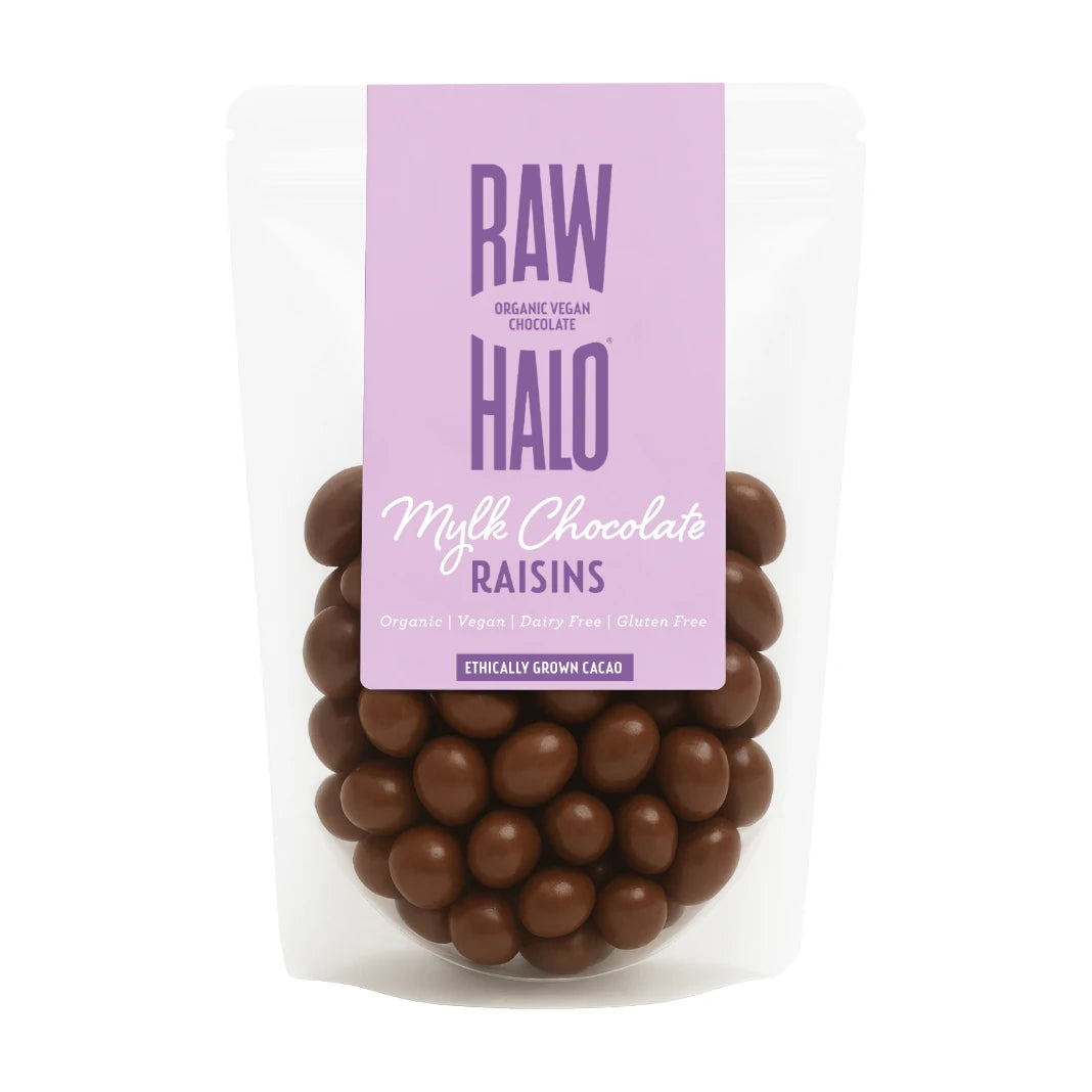 Raw Halo Mylk Chocolate Raisins 85g, front of pouch