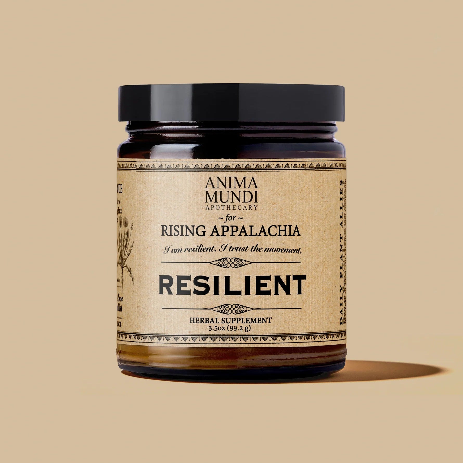 Jar of 'Resilient' herbal supplement by Anima Mundi Apothecary on a beige background