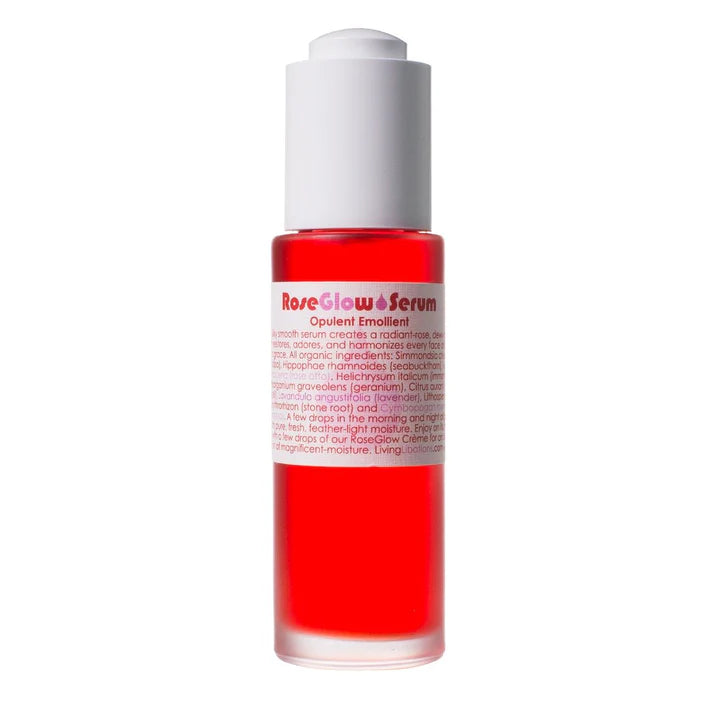 Rose Glow Serum | Living Libations | Raw Living UK | Beauty | Skin Care | Living Libations Rose Glow Serum: a Vegan & Natural Skin Elixir, with Organic Seabuckthorn, Jojoba, Rose, Geranium, Immortelle, Neroli, Lavender & Palmarosa.