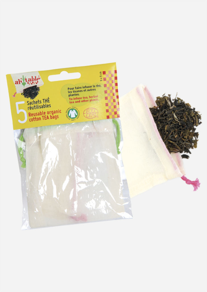 Pack of reusable organic cotton tea bags with a sample bag on a white background