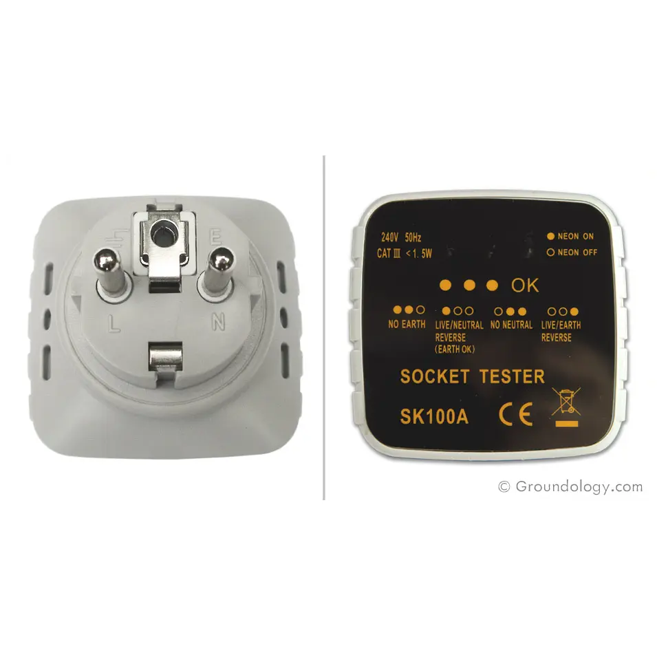Grounding Socket Tester (EU) | Groundology | Raw Living UK | EMF & Energy Protection | Groundology Socket Tester (EU) verifies that a EU type mains outlet socket is wired properly and grounded. It's worth checking older properties, in particular.