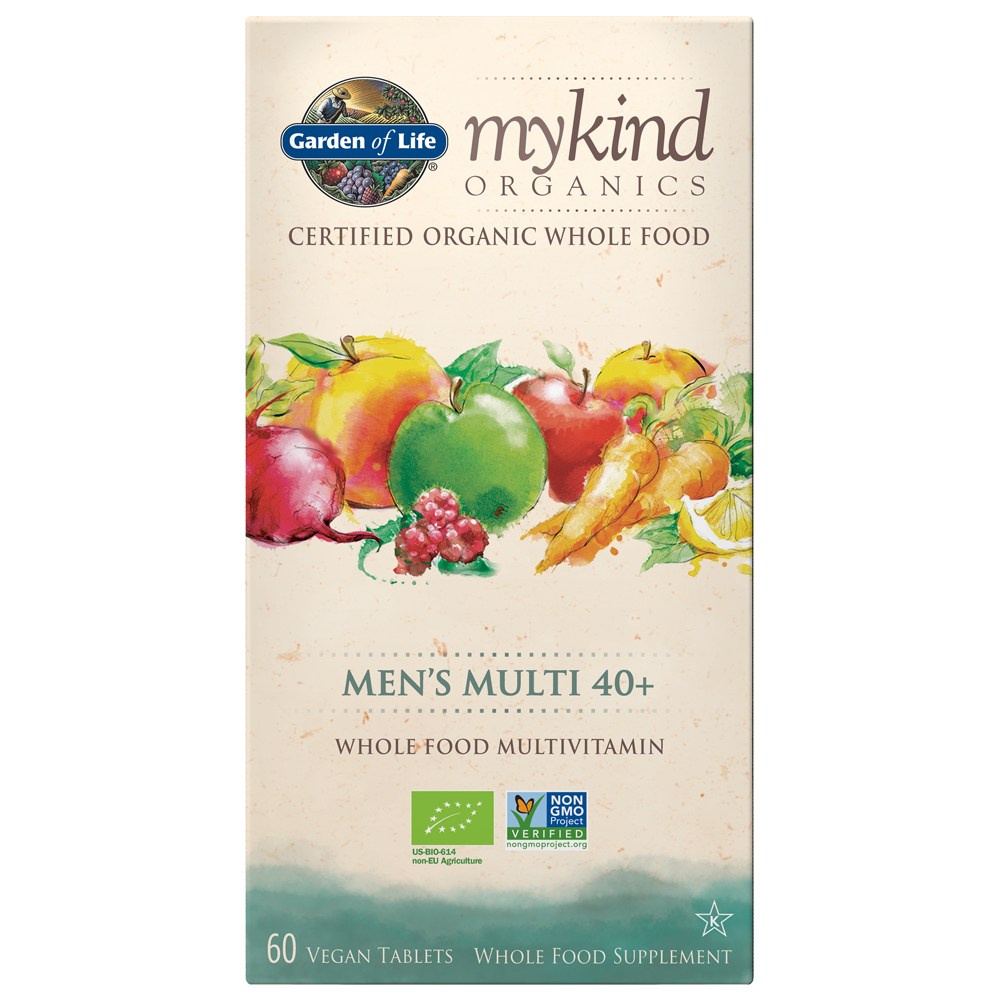 myKind Vegan Organic Men&#39;s Multi 40+ Tablets | Garden of Life | Raw Living UK | Supplements | Multi Vitamins | myKind Organics Men’s Multi is a supplement designed for men under 40. Made with organic foods &amp; herbs, 2 tablets daily provide 20 essential vitamins &amp; minerals