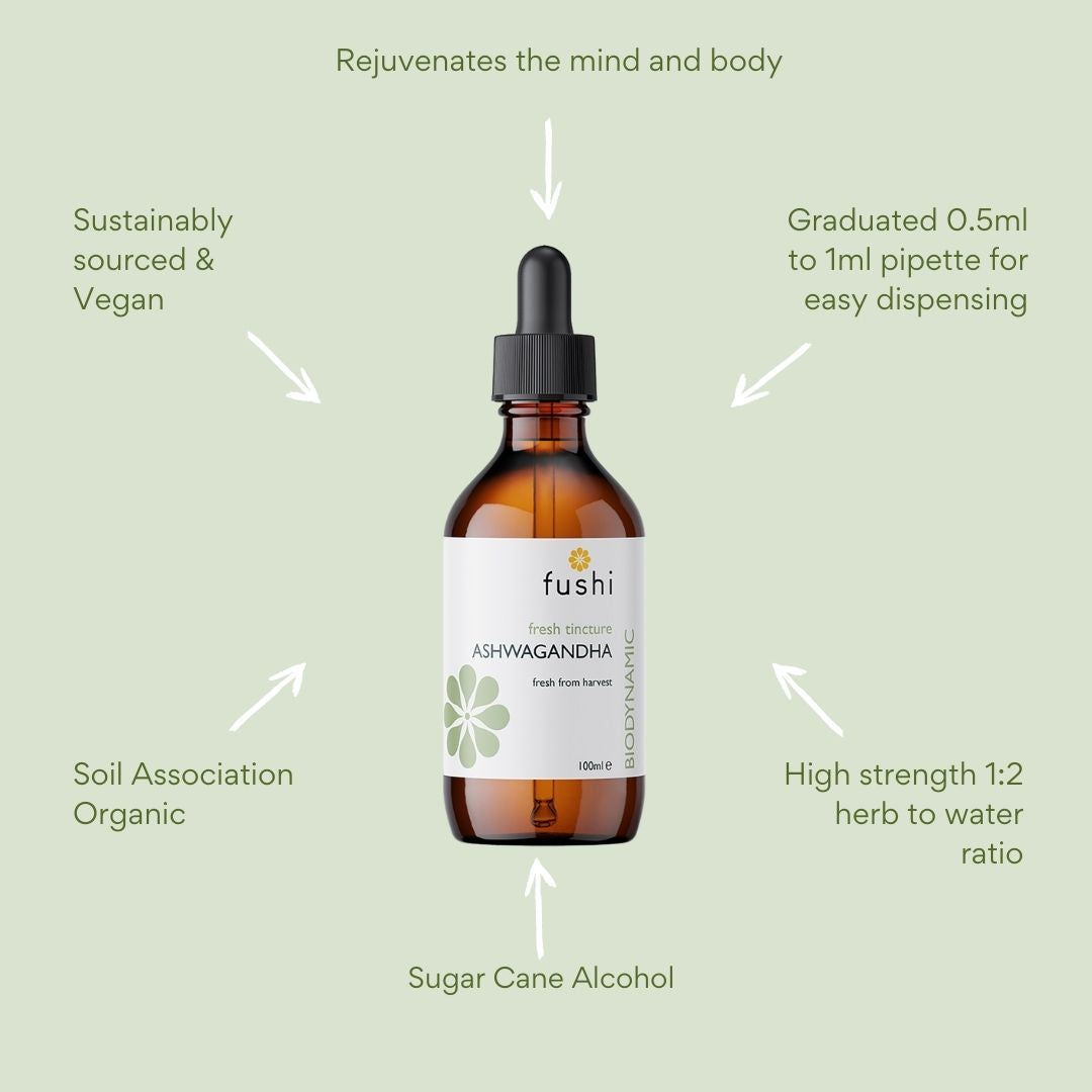 Ashwagandha Tincture (100ml) | Fushi | Raw Living UK | Fushi Organic Ashwagandha Tincture: a prized Ayurvedic herb, Ashwagandha is considered a powerful, nourishing tonic herb, used for rejuvenating the mind and body.
