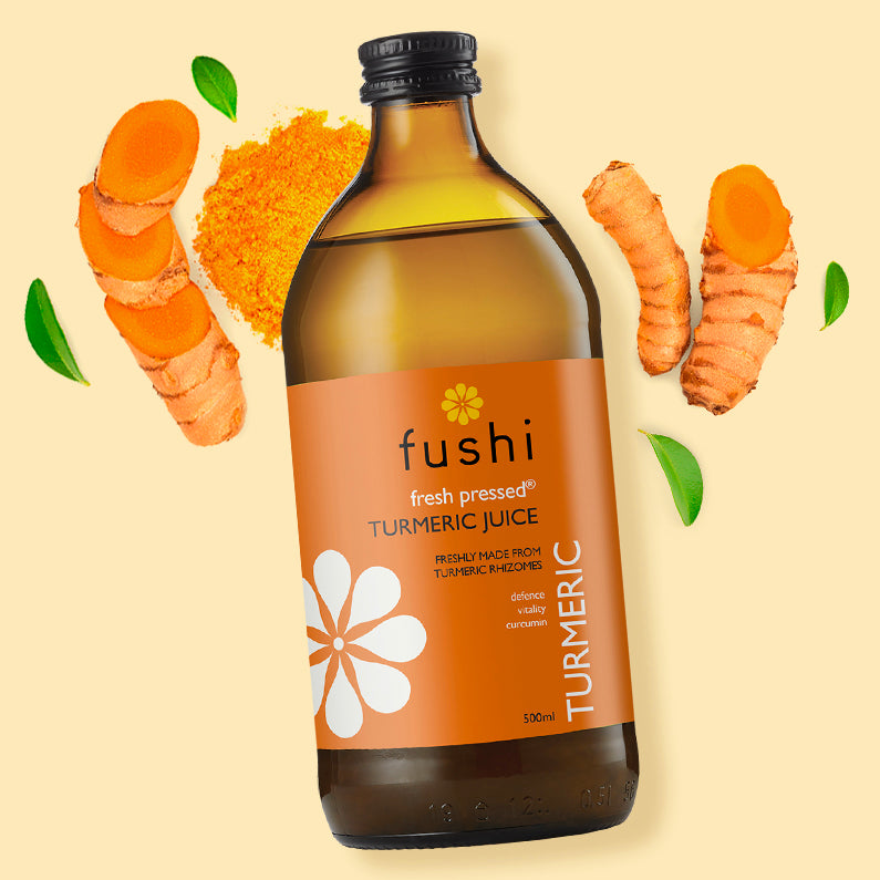 Turmeric Juice Fresh Pressed (500ml) | Fushi | Raw Living UK | Fushi Turmeric Juice is made entirely from 100% Indian Turmeric Root. Turmeric is a powerful anti-oxidant spice that may help aid inflammatory conditions.