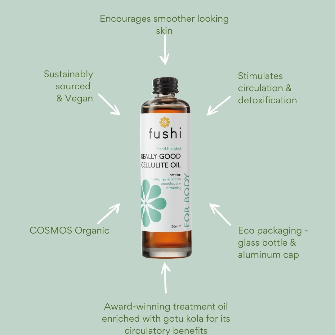 Really Good Cellulite Oil (100ml) | Fushi | Raw Living UK | Fushi Really Good Cellulite Oil is a stimulating blend of effective and circulation-enhancing organic oils to naturally help encourage smoother looking skin.