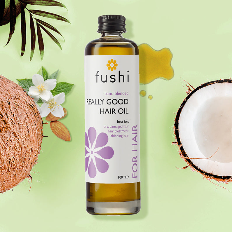Really Good Hair Oil (100ml) | Fushi | Raw Living UK | Fushi Really Good Hair Oil is a nutritive blend of organic oils &amp; herbs to create a deep-conditioning Ayurvedic hair oil treatment to repair dry &amp; damaged hair.