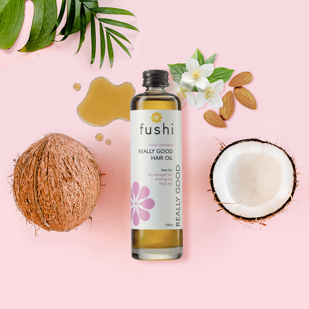 Really Good Hair Oil (100ml) | Fushi | Raw Living UK | Fushi Really Good Hair Oil is a nutritive blend of organic oils & herbs to create a deep-conditioning Ayurvedic hair oil treatment to repair dry & damaged hair.