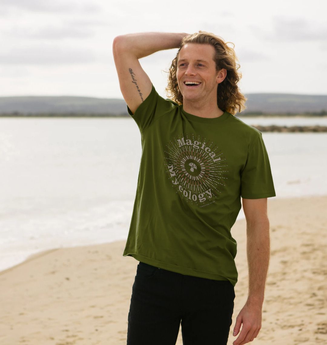 Moss Green Men&#39;s Organic Cotton T-shirt - Magical Mycology | Men&#39;s &#39;Magical Mycology&#39; T-Shirt available in sizes S-XXL and in two colourways, Moss Green and Black.