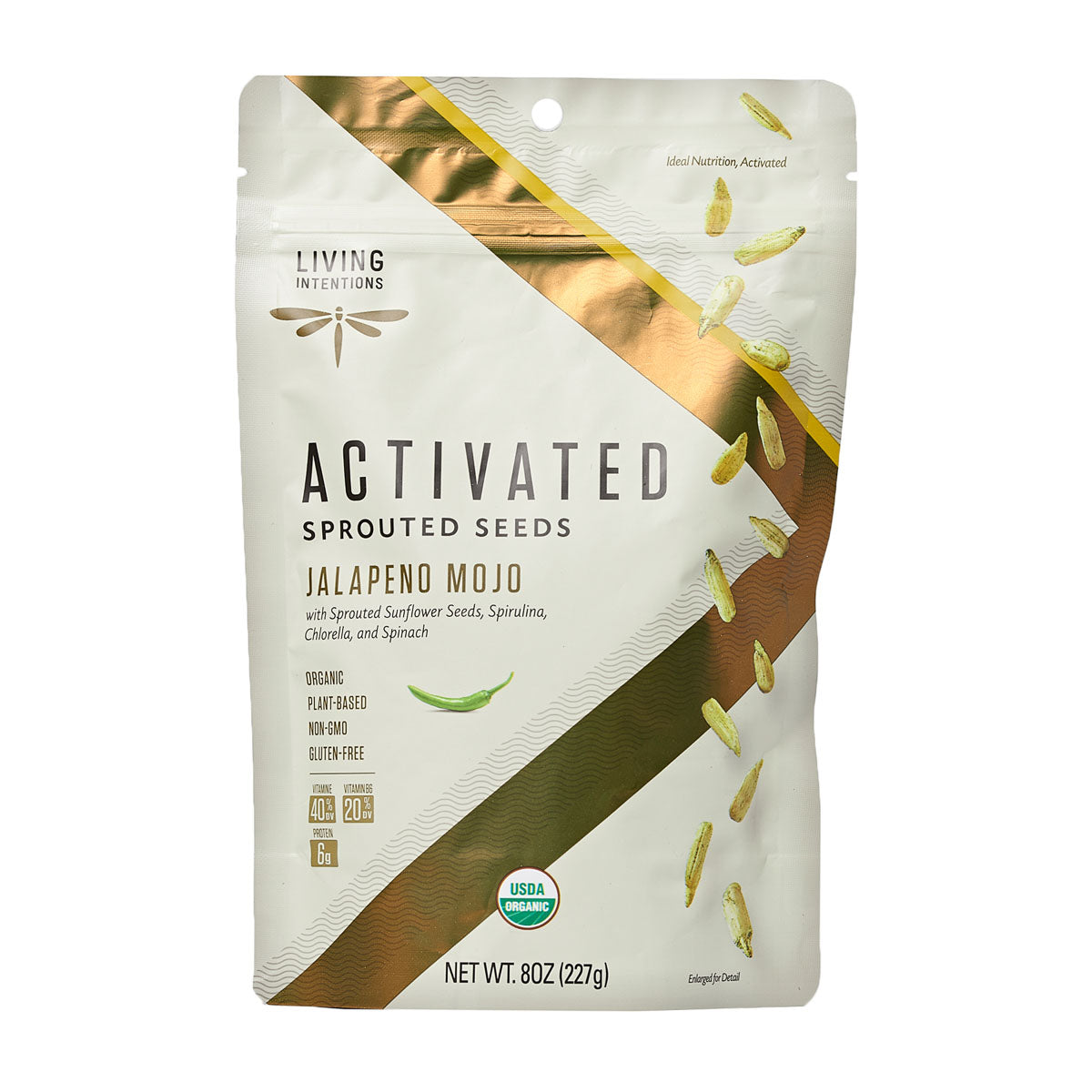 Sprouted Seeds Jalepeno Mojo | Living Intentions | Raw Living UK | Raw Foods | Nuts &amp; Seeds | Living Intentions Jalapeno Mojo Sprouted Seeds: a Spicy, Vegan Seed Snack with Ground Spices, Jalapeno, and a blend of Chlorella, Spirulina, and Spinach.
