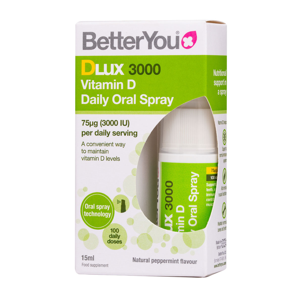 Vitamin D3 Spray D-Lux 3000 (15ml) | Better You | Raw Living UK | Supplements | BetterYou DLux3000 Oral Peppermint Vitamin D3 spray by Jan de Vries is a highly effective way to get your D3, which is very important for the body to function.