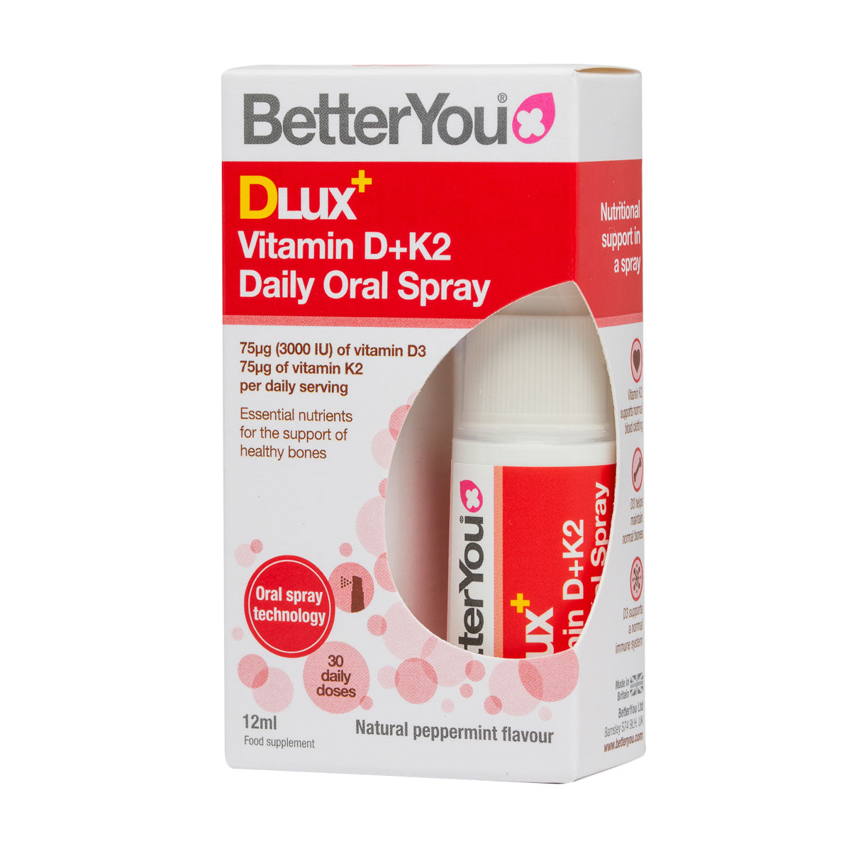 D-Lux &amp; Vitamin D &amp; K2 Oral Spray Vegan (12ml) | Better You | Raw Living UK | Supplements | BetterYou DLux+ Vitamin D+K2 Oral Spray is a high quality and strength supplement to Support Immunity, Blood Clotting and Healthy Bones.