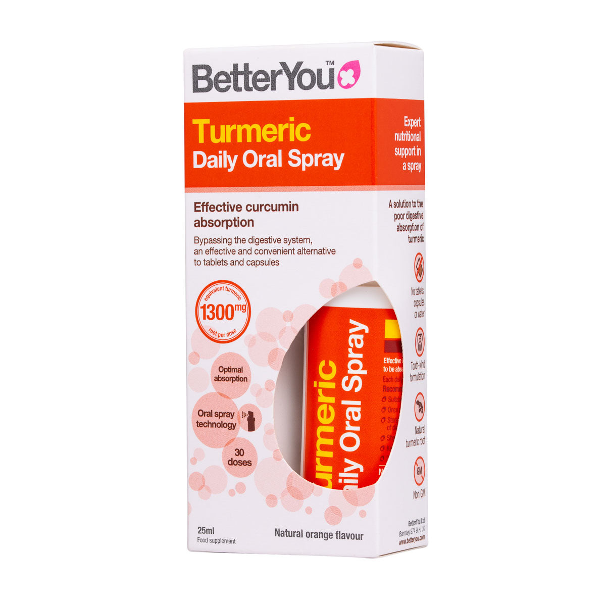 Turmeric Oral Spray Vegan (25ml) | Better You | Raw Living UK | Supplements | BetterYou Turmeric Oral Spray delivers a greater uptake of the three active curcuminoids, ensuring superior absorption to tablets and capsules.
