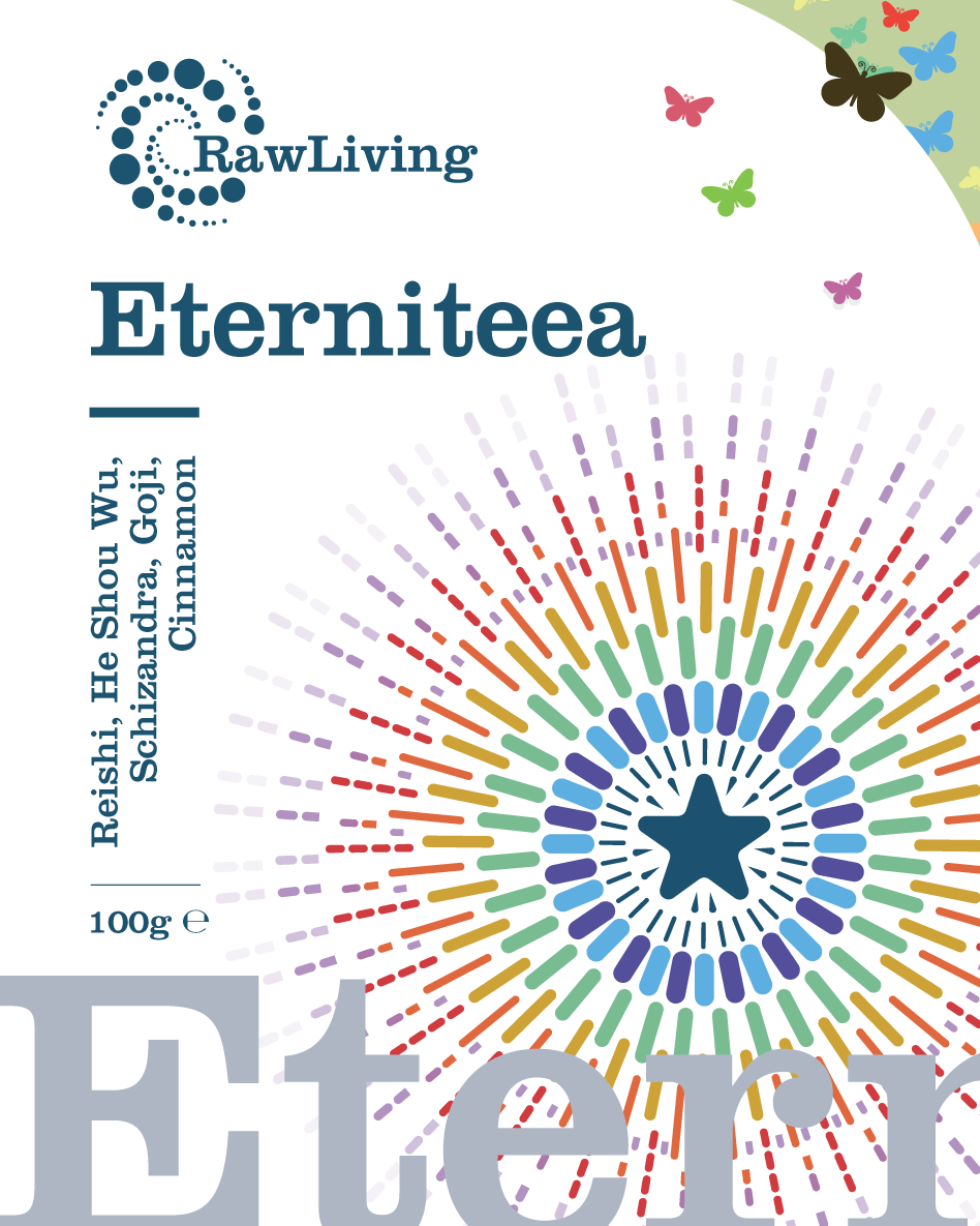 Eterniteea | A RealiTea | Raw Living UK | Loose Leaf Herbal Teas | Raw Living Eterniteea is a Premium Loose Leaf Herbal Tea made with mix of Reishi, Foti Root, Cinnamon Bark, Schizandra Berries & Goji Berries.