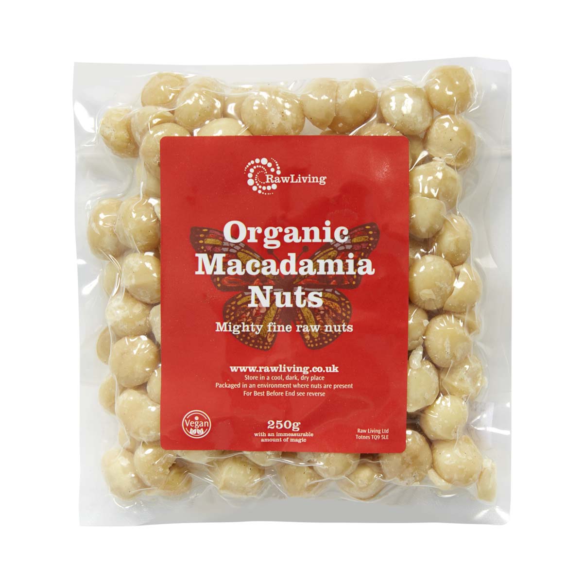 Packaged organic macadamia nuts in a clear plastic bag with a red and white label, branded as Raw Living.