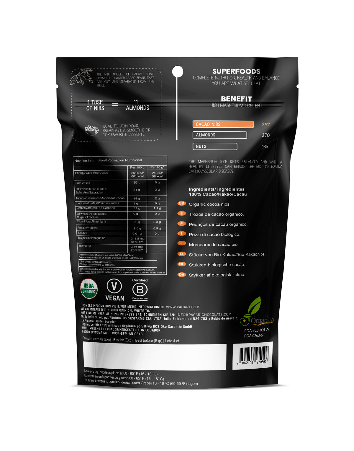 Pacari Raw Organic Biodynamic Cacao NIBS (200g)