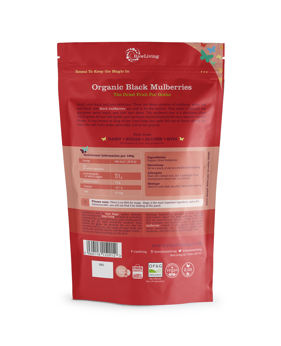 Organic Black Mulberries (250g, 10kg) | Raw Living UK | Raw Living&#39;s Black Mulberries are a small, black, sweet &amp; tasty fruit containing Vitamin C. These mulberries are a fantastic low GI snack &amp; kids love them too!