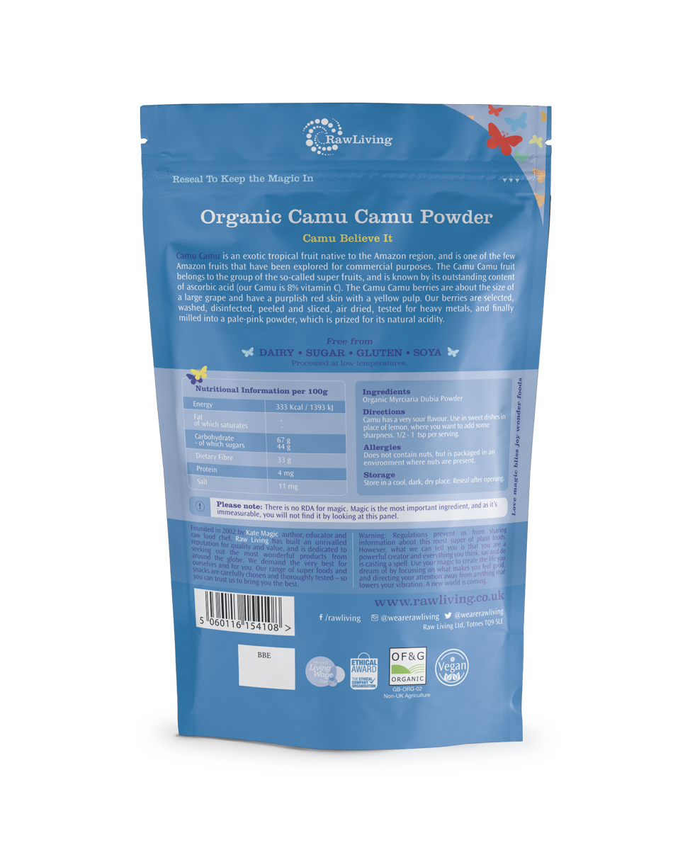 Organic Camu Camu Powder (100g, 250g, 1kg) | Raw Living UK | Raw Living Organic &amp; Pure Camu Camu Powder is a nutrient dense berry loaded with Vitamin C (&amp; similar to Goji Berries). Add to smoothies &amp; culinary creations.