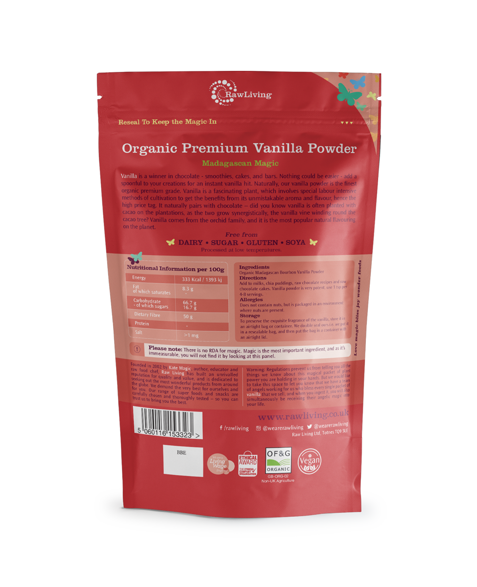 Organic Vanilla Powder | Raw Living UK | Raw Foods | Super Foods | Natural Sweeteners | Raw Living Organic Madagascan Premium Vanilla Powder is delicious in Chocolate, Smoothies, Cakes &amp; Bars. Add a spoonful to your creations for potent flavour.