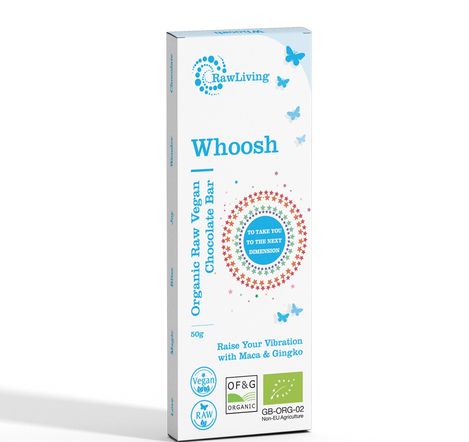 Whoosh Chocolate Bar | Raw Living UK | Raw Chocolate | Raw Living Whoosh Raw Chocolate Bar is silky smooth, high-potency, Raw Vegan Super-Food Chocolate. Ingredients include Maca, Gingko &amp; Vanilla.