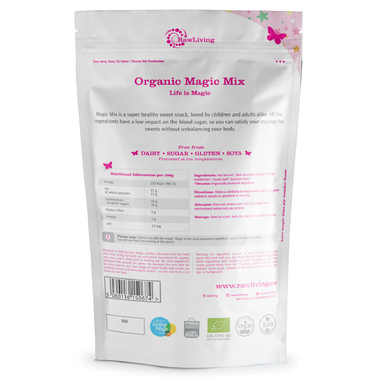 Organic Magic Mix | Raw Living UK | Raw Foods | Raw Snacks | Super Foods | Raw Living Organic Magic Mix is a delicious Raw Vegan Snack. Made with a combination of Goji Berries, Mulberries, Yacon Root, Coconut Chips &amp; Chocolate Buttons.