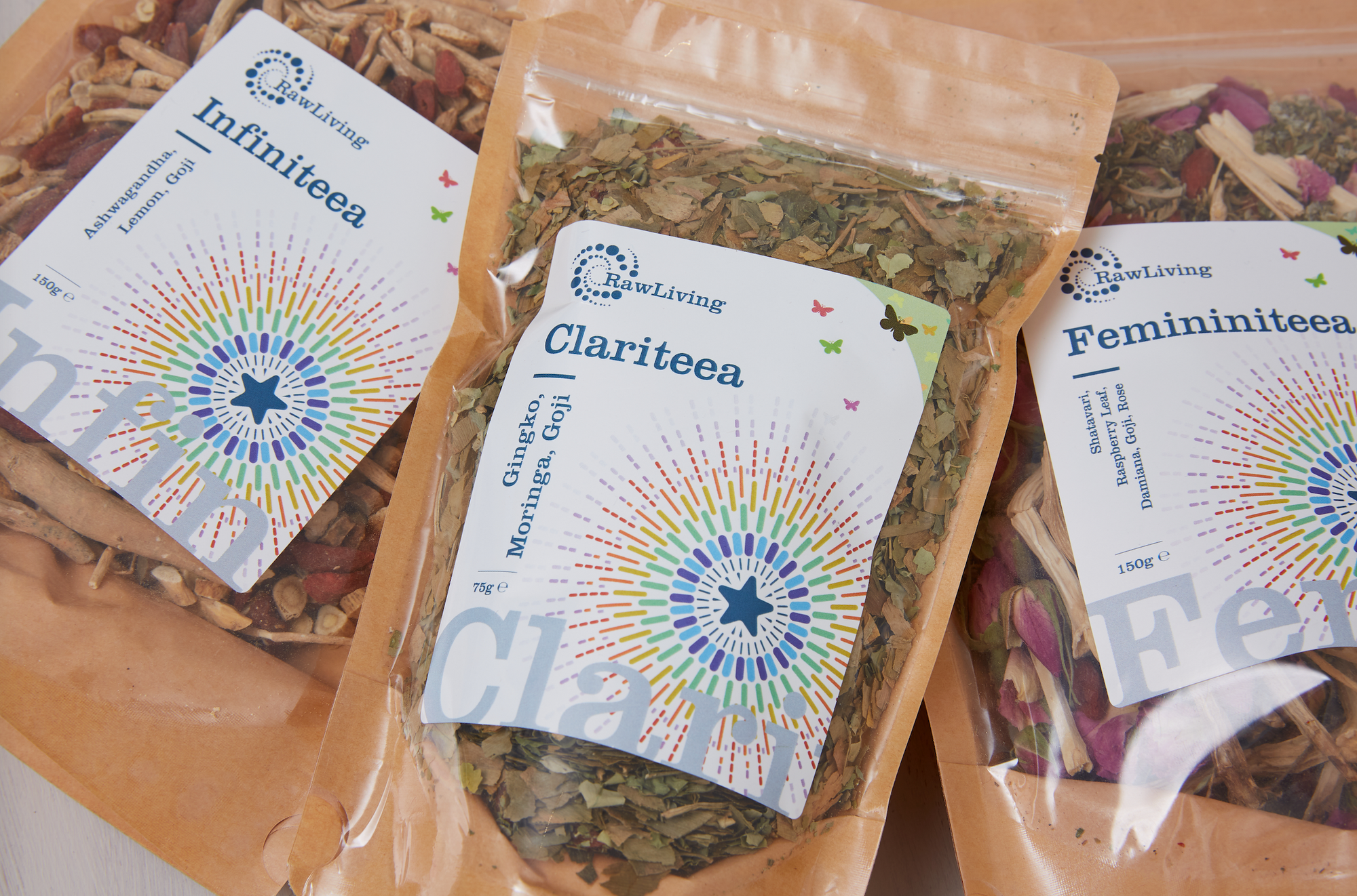 Clariteea | A RealiTea | Raw Living UK | Loose Leaf Herbal Teas | Raw Living Clariteea is a Premium Loose Leaf Herbal Tea made with Gingko Leaves, Moringa Leaves &amp; Goji Berries.