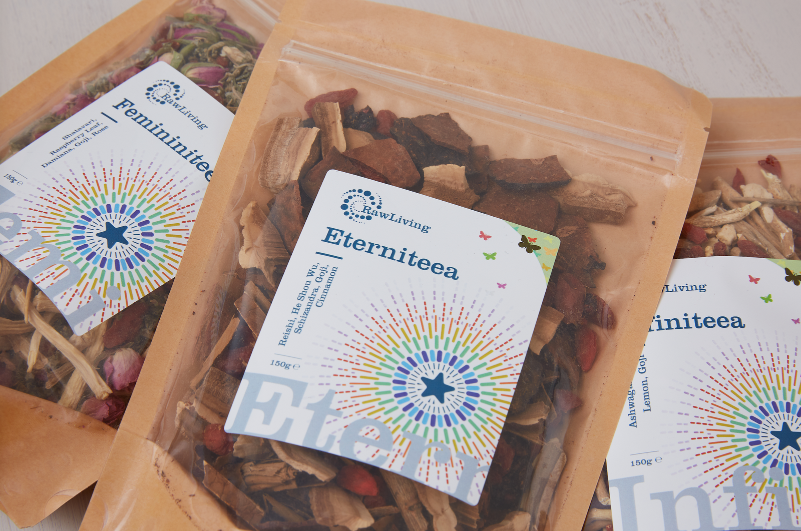 Eterniteea | A RealiTea | Raw Living UK | Loose Leaf Herbal Teas | Raw Living Eterniteea is a Premium Loose Leaf Herbal Tea made with mix of Reishi, Foti Root, Cinnamon Bark, Schizandra Berries & Goji Berries.